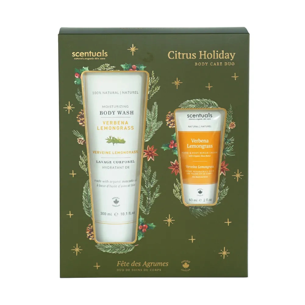 A gift set by Scentuals called Citrus Holiday Body Care Duo, containing a body wash and hand repair cream with verbena lemongrass scents, displayed against a green backdrop with holiday decorations.