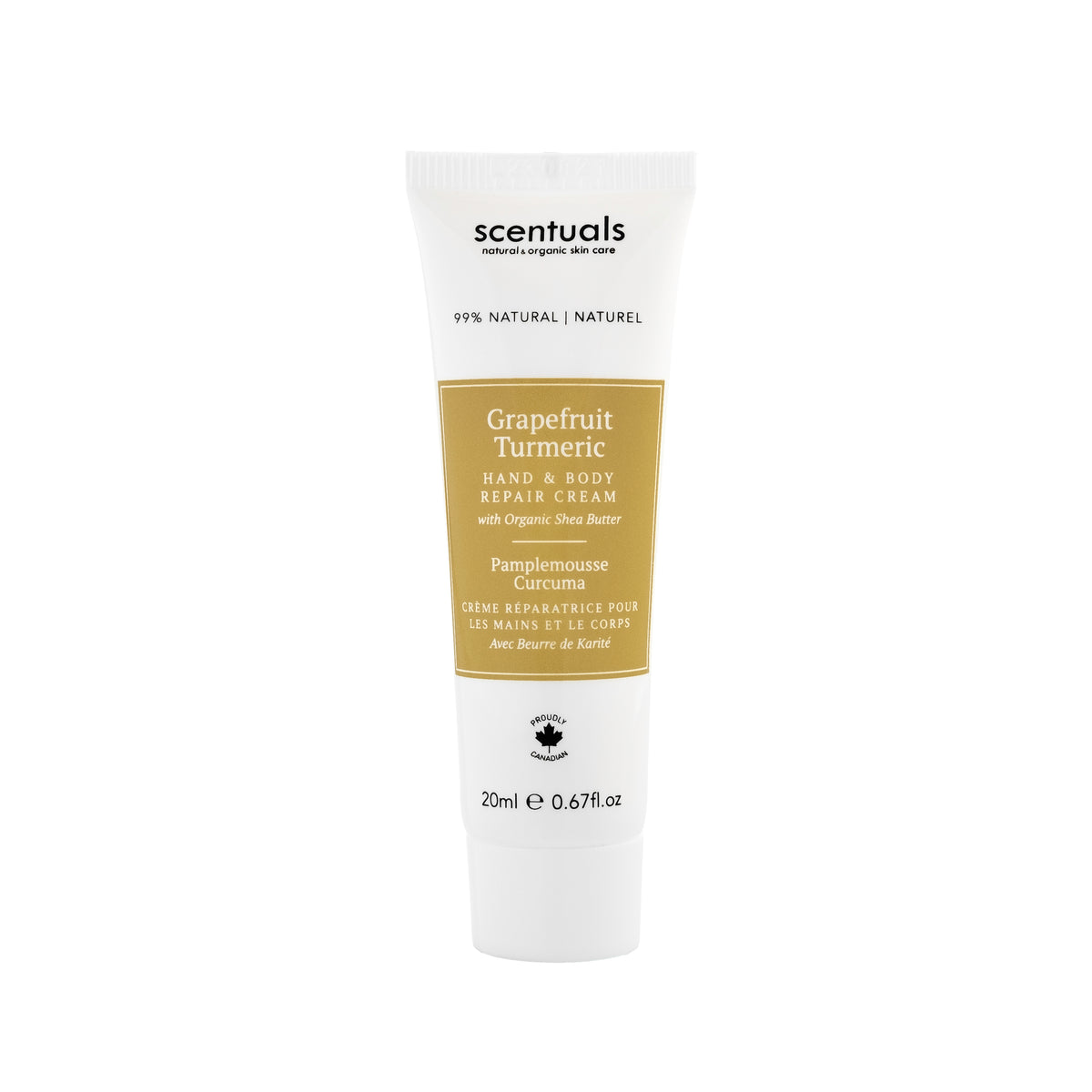Scentuals Grapefruit Turmeric Hand Repair Cream with organic grapefruit and turmeric, 20ml in size.