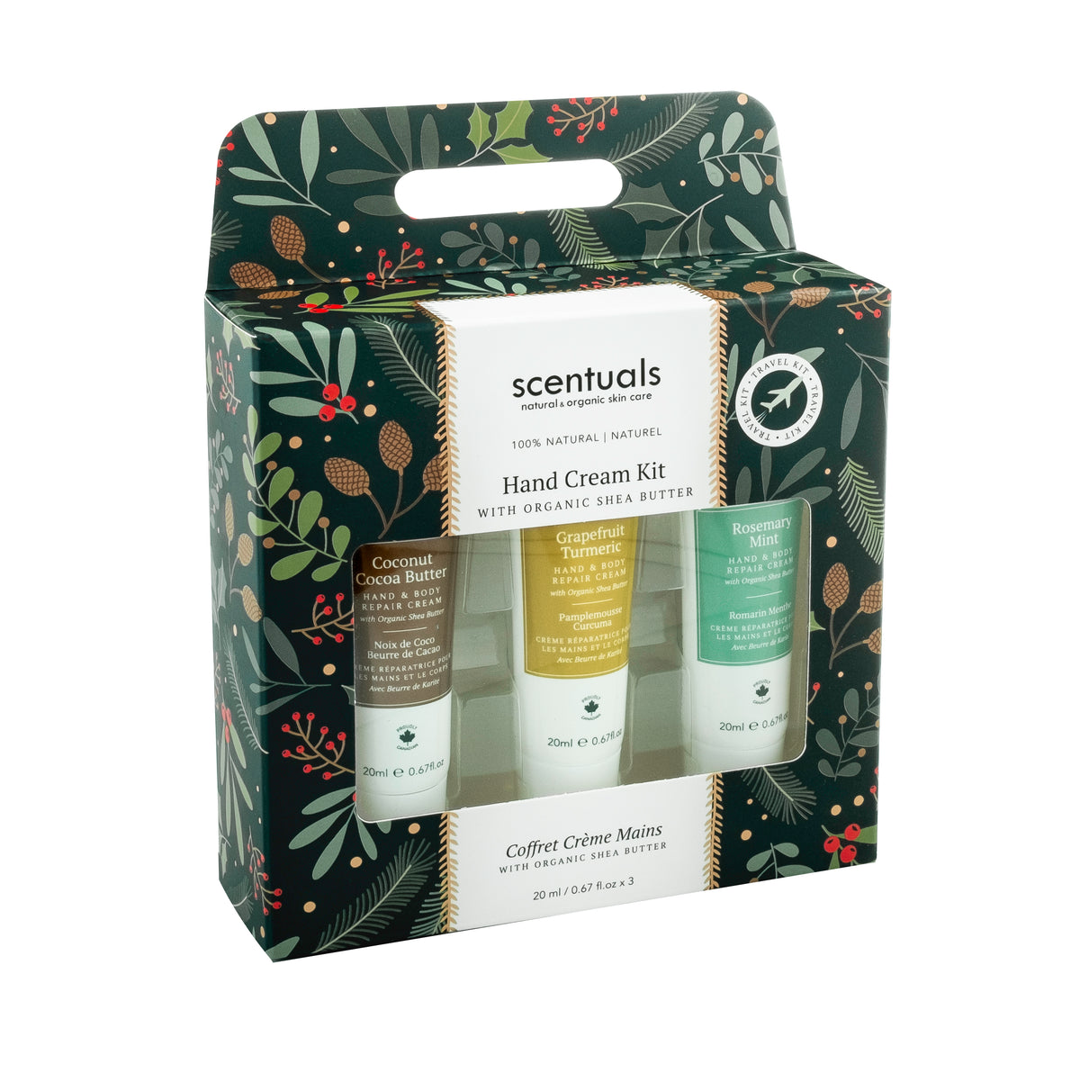 A gift set of three hand repair cream tubes, 20ml, in a festive packaging with Christmas-themed decorations.