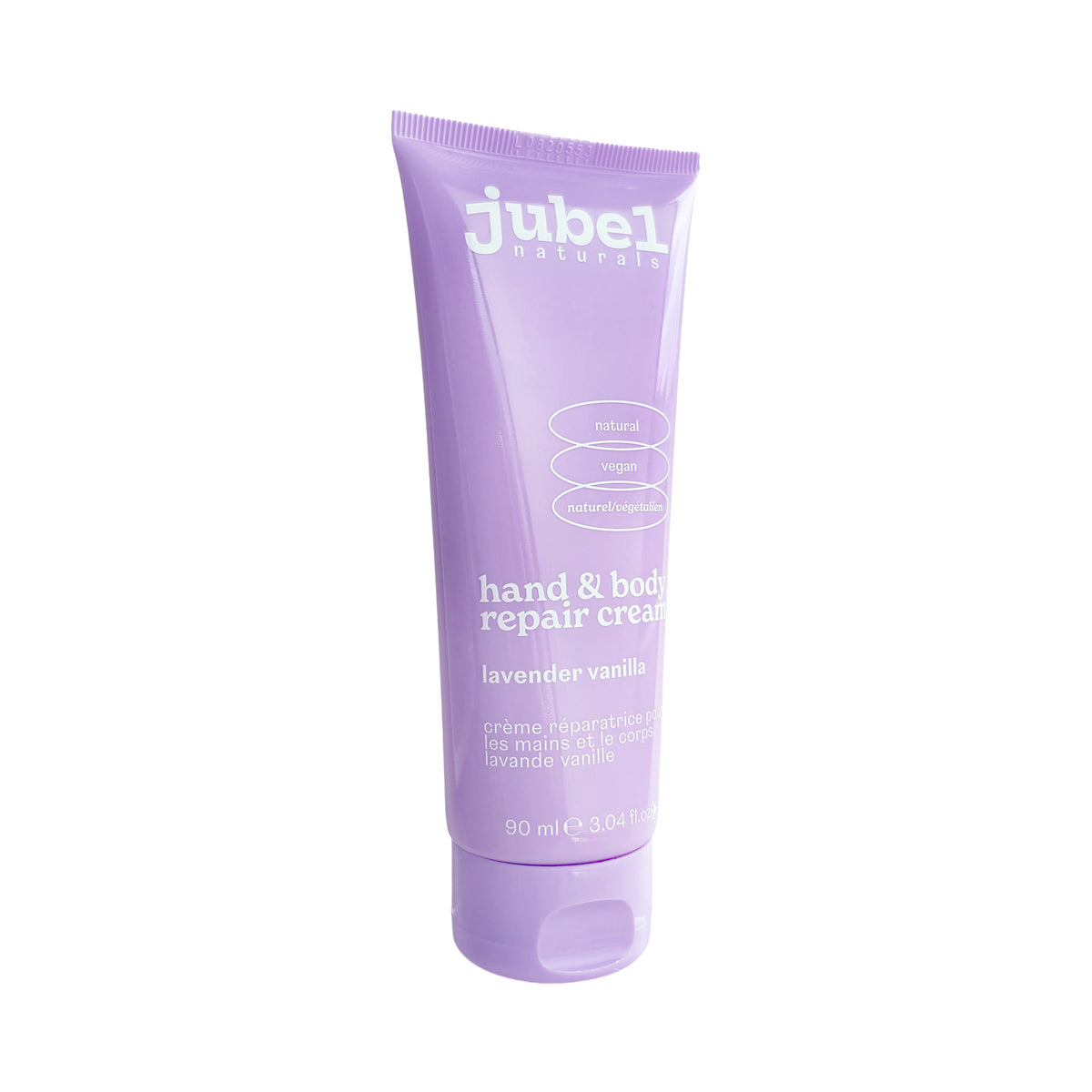 Purple tube of Jubel Naturals' Lavender Vanilla hand repair cream angled to the right.