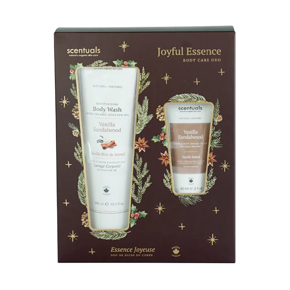 A product packaging for Scentuals Joyful Essence Body Care Duo which includes a body wash and hand repair cream, with the main wash bottle and a smaller tube of hand cream visible in front of the box.