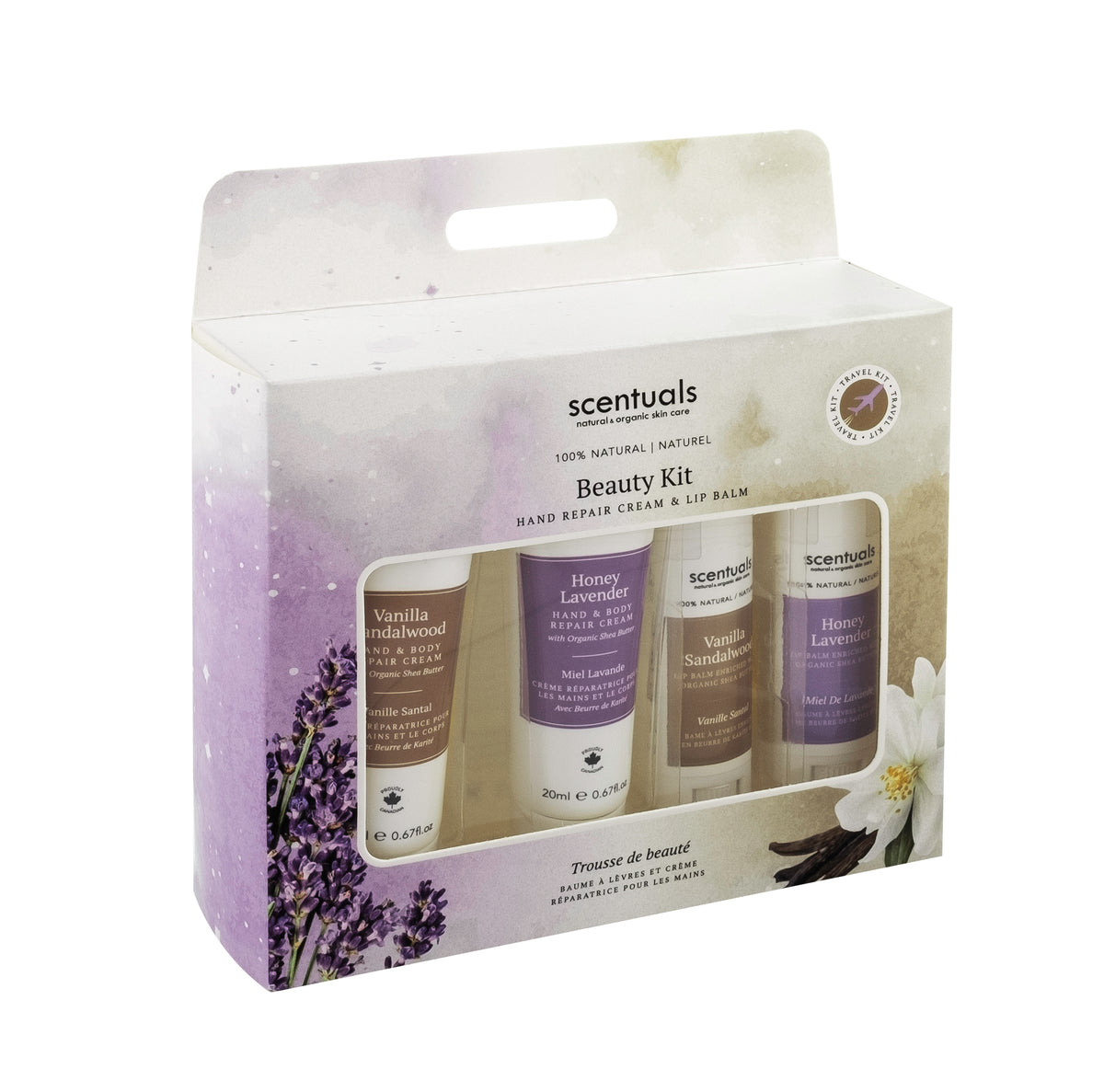 Scentuals Beauty Kit featuring hand lotion and lip balm in the scents Vanilla Sandalwood and Honey lavender.