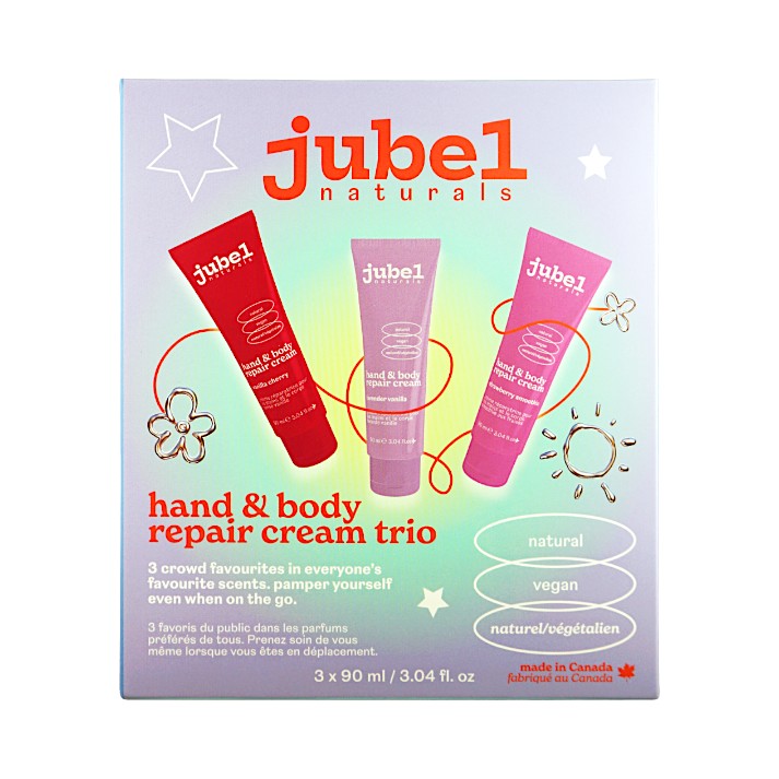 Jubel Naturals hand and body repair cream trio containing Vanilla Cherry, Lavender Vanilla, and Strawberry Smoothie.
