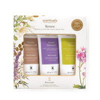 Centered view of Scentuals Renew repair and retore hand cream trio.