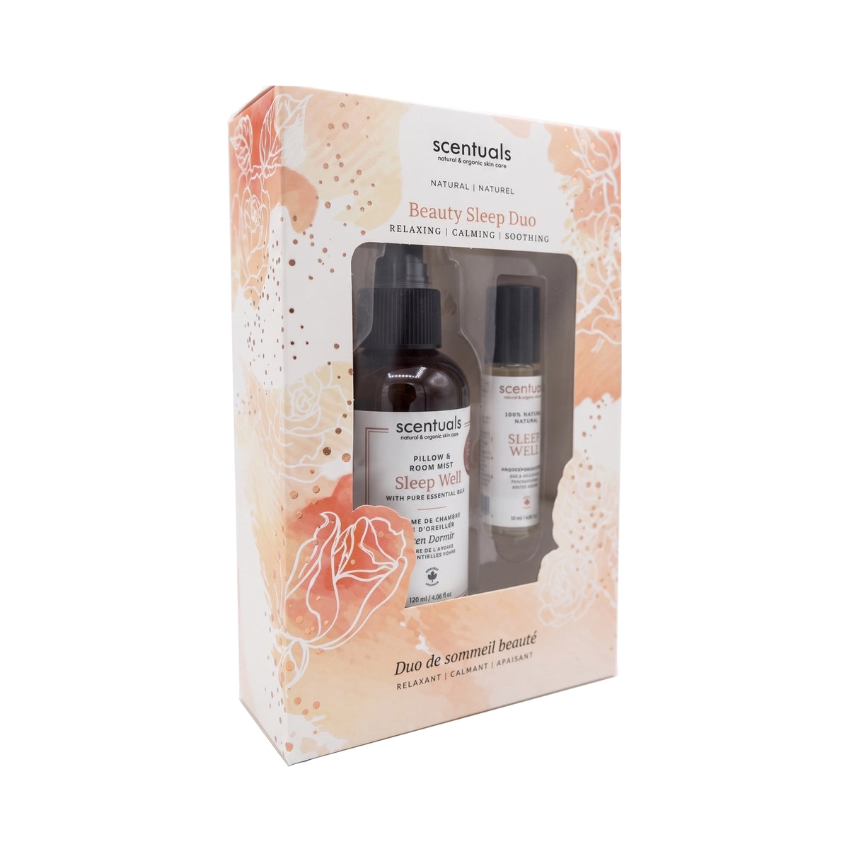 Scentuals Beauty Sleep Duo containing Sleep Well pillow and room mist spray and Sleep Well Roll-on.