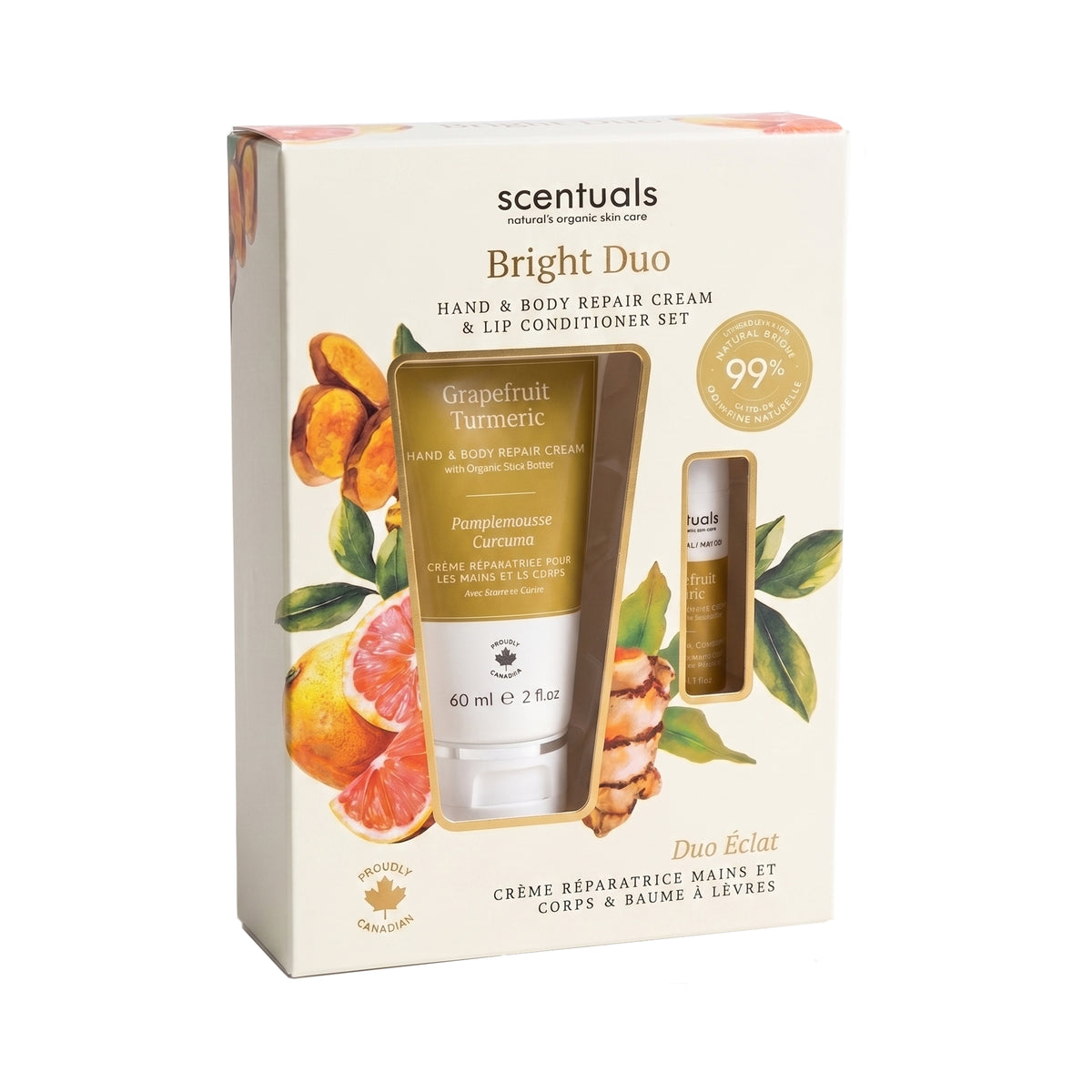 Scentuals Bright Duo set featuring a Grapefruit Turmeric hand and body repair cream and lip conditioner.
