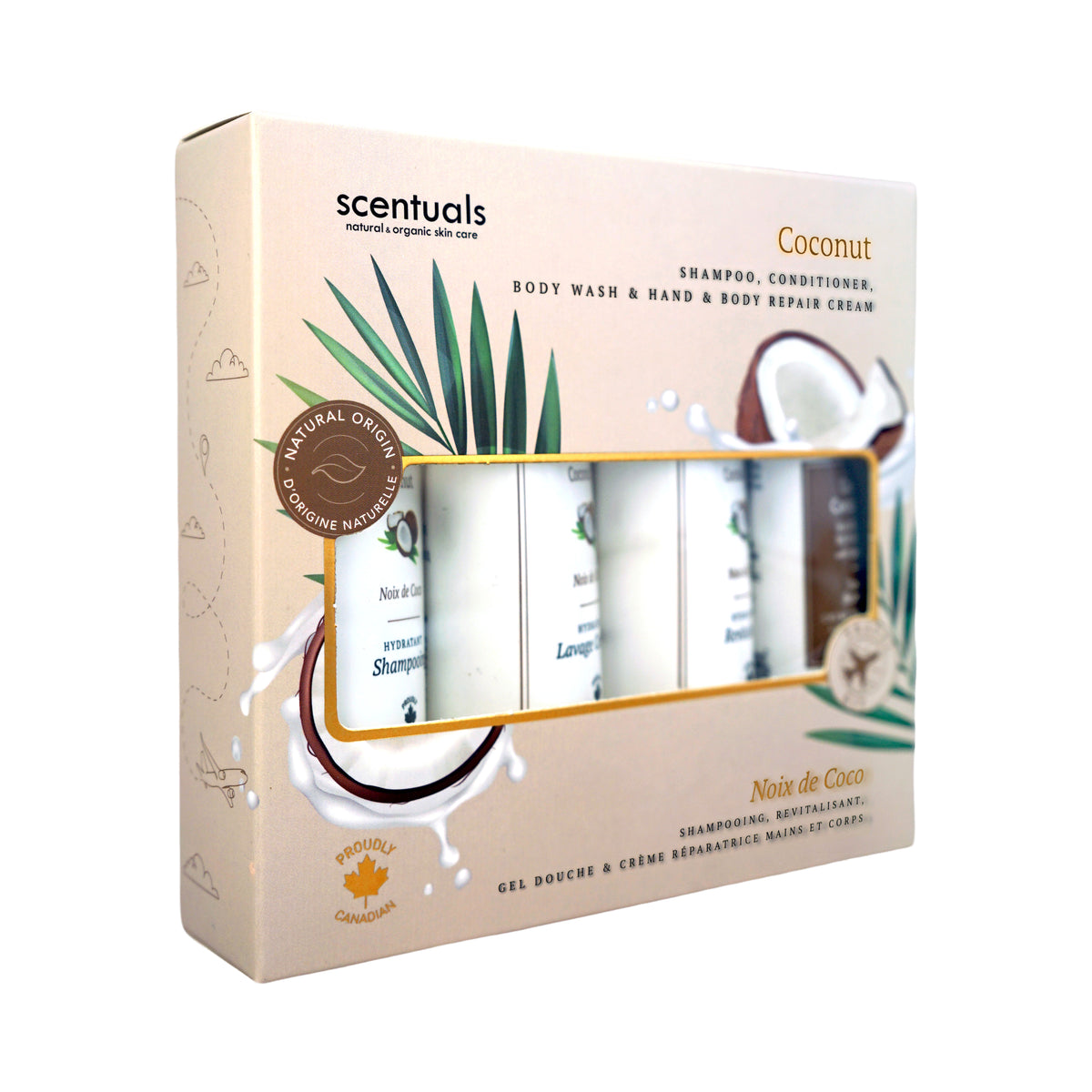 Scentuals coconut travel kit featuring a shampoo, conditioner, body wash, and hand & body repair cream.