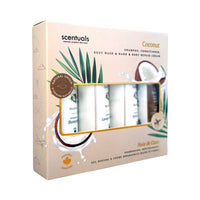 Scentuals coconut travel kit featuring a shampoo, conditioner, body wash, and hand & body repair cream.