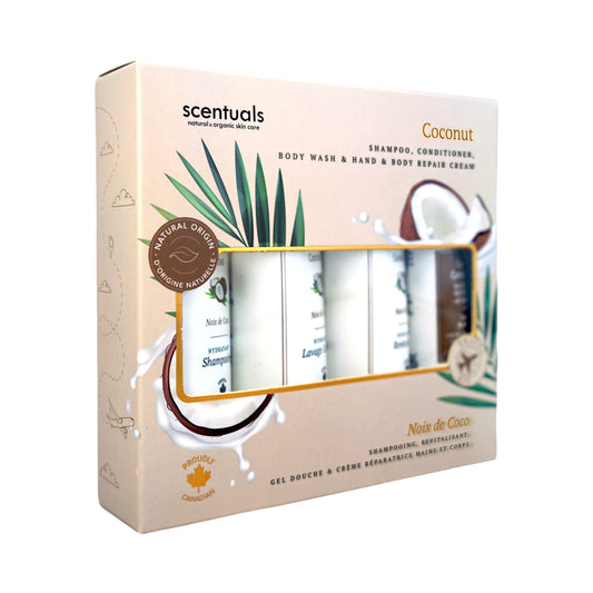 Scentuals coconut travel kit featuring a shampoo, conditioner, body wash, and hand & body repair cream.