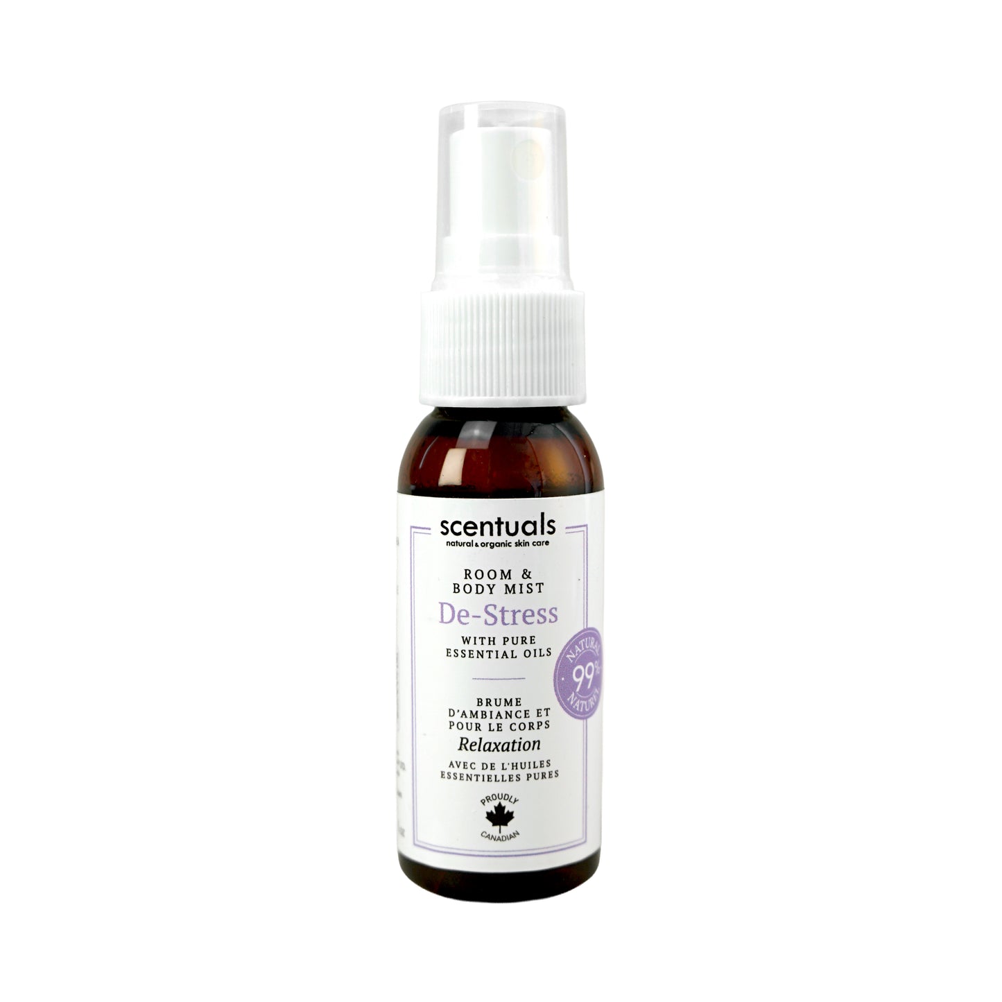 A 30ml spray bottle of Scentuals' Room & Body Mist called De-Stress. 99% Natrual, made in Canada.