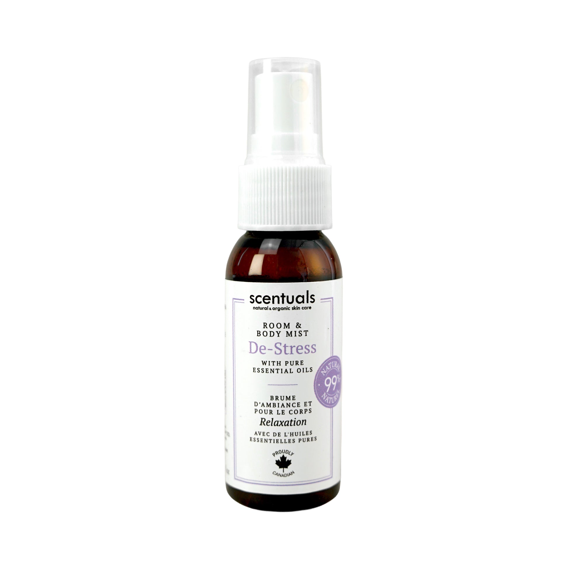 A 30ml spray bottle of Scentuals' Room & Body Mist called De-Stress. 99% Natrual, made in Canada.