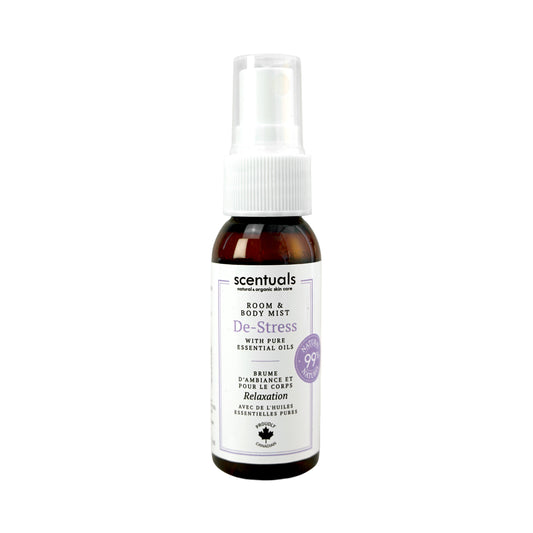 A 30ml spray bottle of Scentuals' Room & Body Mist called De-Stress. 99% Natrual, made in Canada.