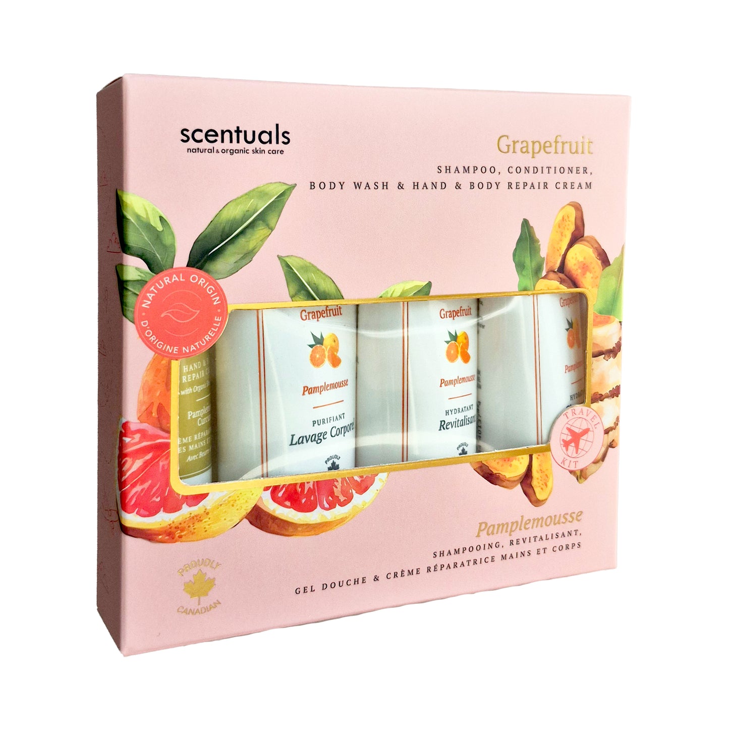 Scentuals Grapefruit skincare travel set featuring a shampoo, conditioner, body wash, and a lotion.