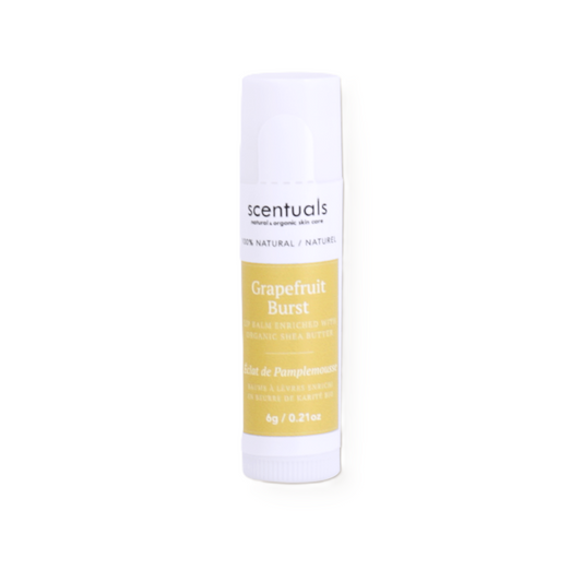 Scentuals Grapefruit Burst lip balm with organic shea butter.
