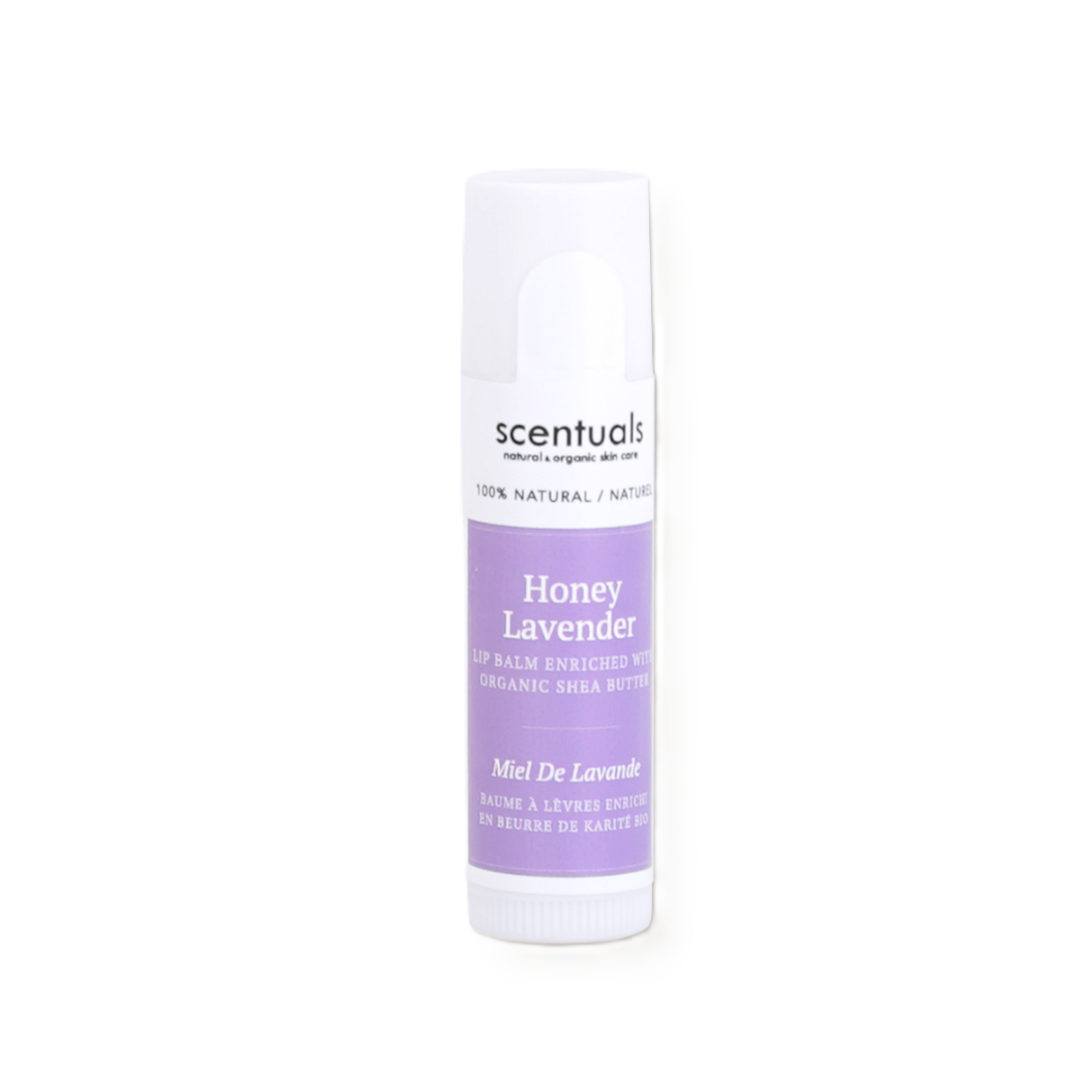 Scentuals honey lavender lip balm with organic shea butter.