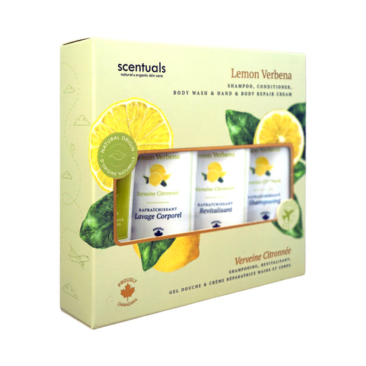 Scentuals Lemon Verbena travel kit consisting of shampoo, conditioner, body wash, and a hand and body repair cream.