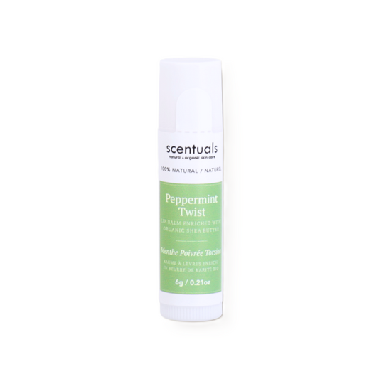 Scentuals peppermint twist lip balm with organic shea butter.