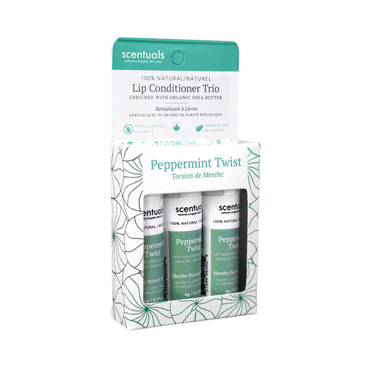 Scentuals Peppermint Twist lip conditioner trio enriched with organic shea butter.