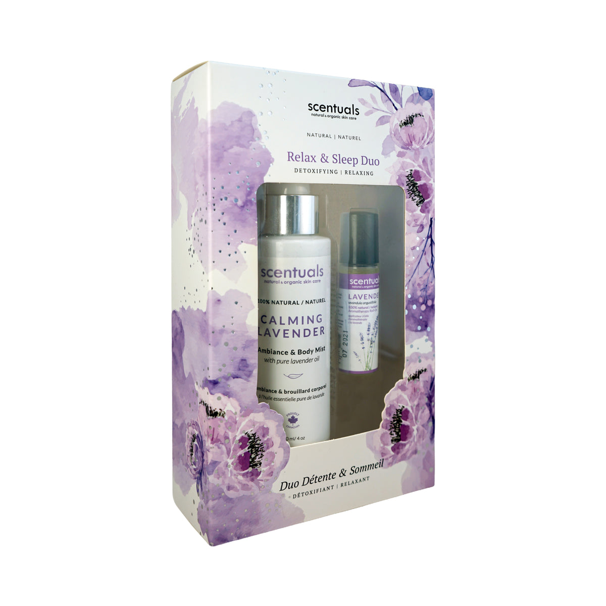 Scentuals Relax & Sleep Duo featuring an mbiance & Body Mist spray and a Lavender Aromatherapy Roll-on.
