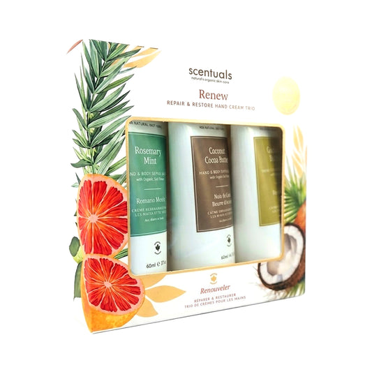 Scentuals Renew hand cream trio containing Rosemary Mint, Coconut Cocoa Butter, and Grapefruit Turmeric scented lotions.