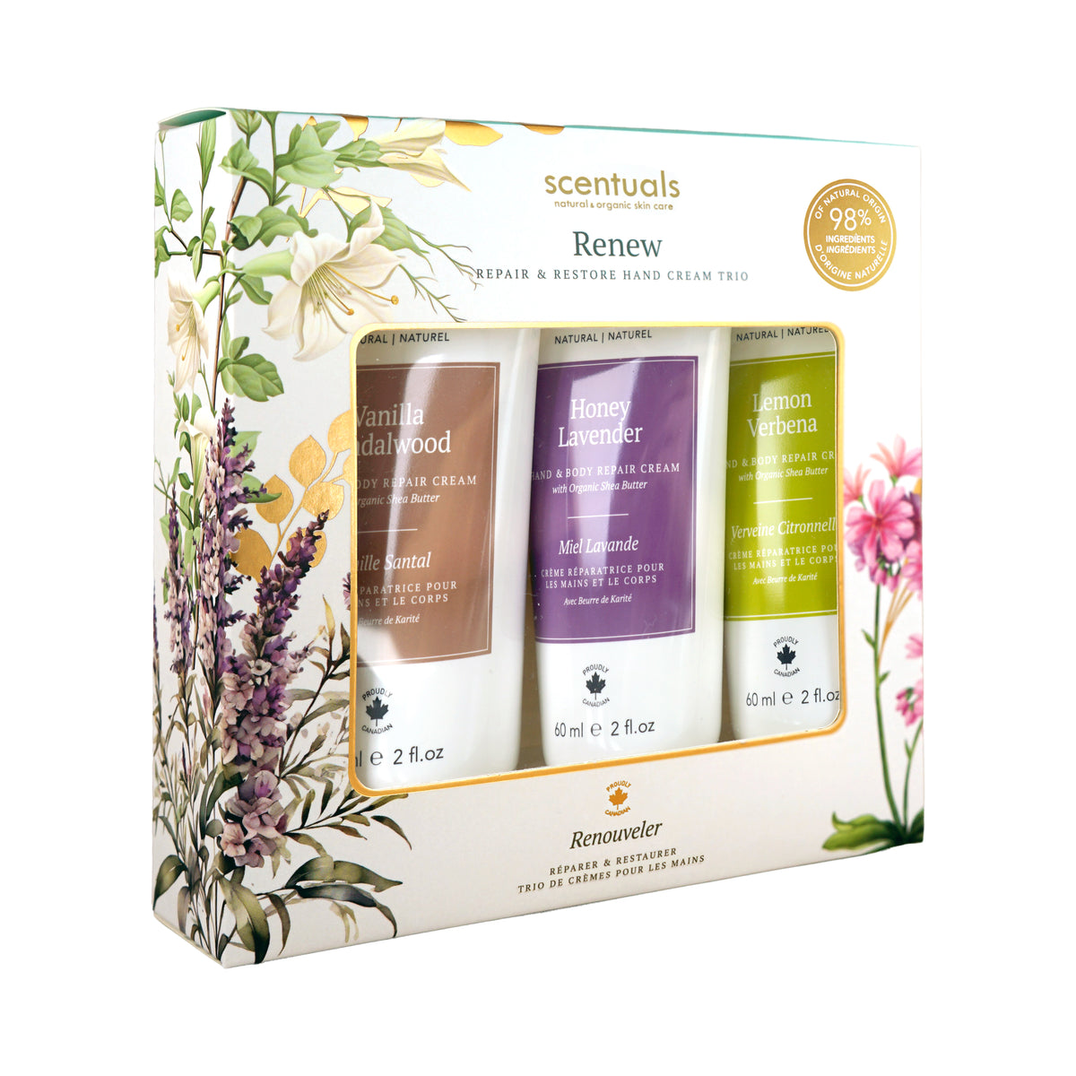 Scentuals Renew hand cream trio containing Vanilla Sandalwood, Honey Lavender, and Lemon Verbena scented lotions.