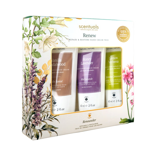 Scentuals Renew hand cream trio containing Vanilla Sandalwood, Honey Lavender, and Lemon Verbena scented lotions.