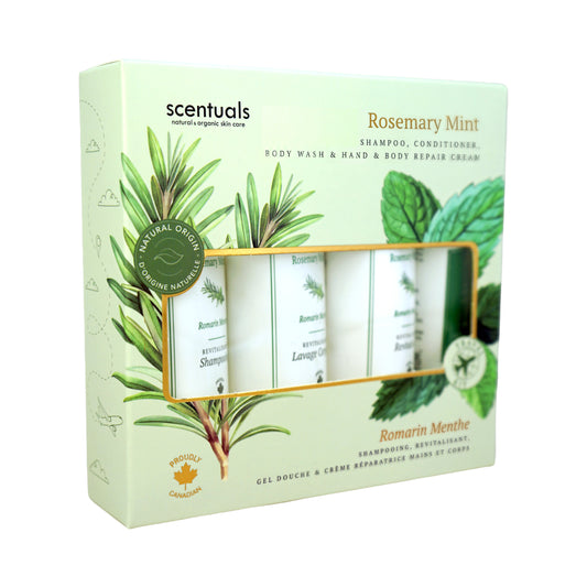 Scentuals Rosemary Mint travel kit featuring a shampoo, conditioner, body wash, and a hand and repair cream.