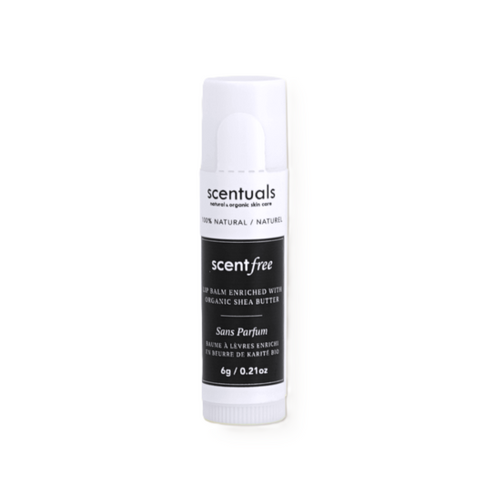 Scentuals scentfree lip balm with organic shea butter.