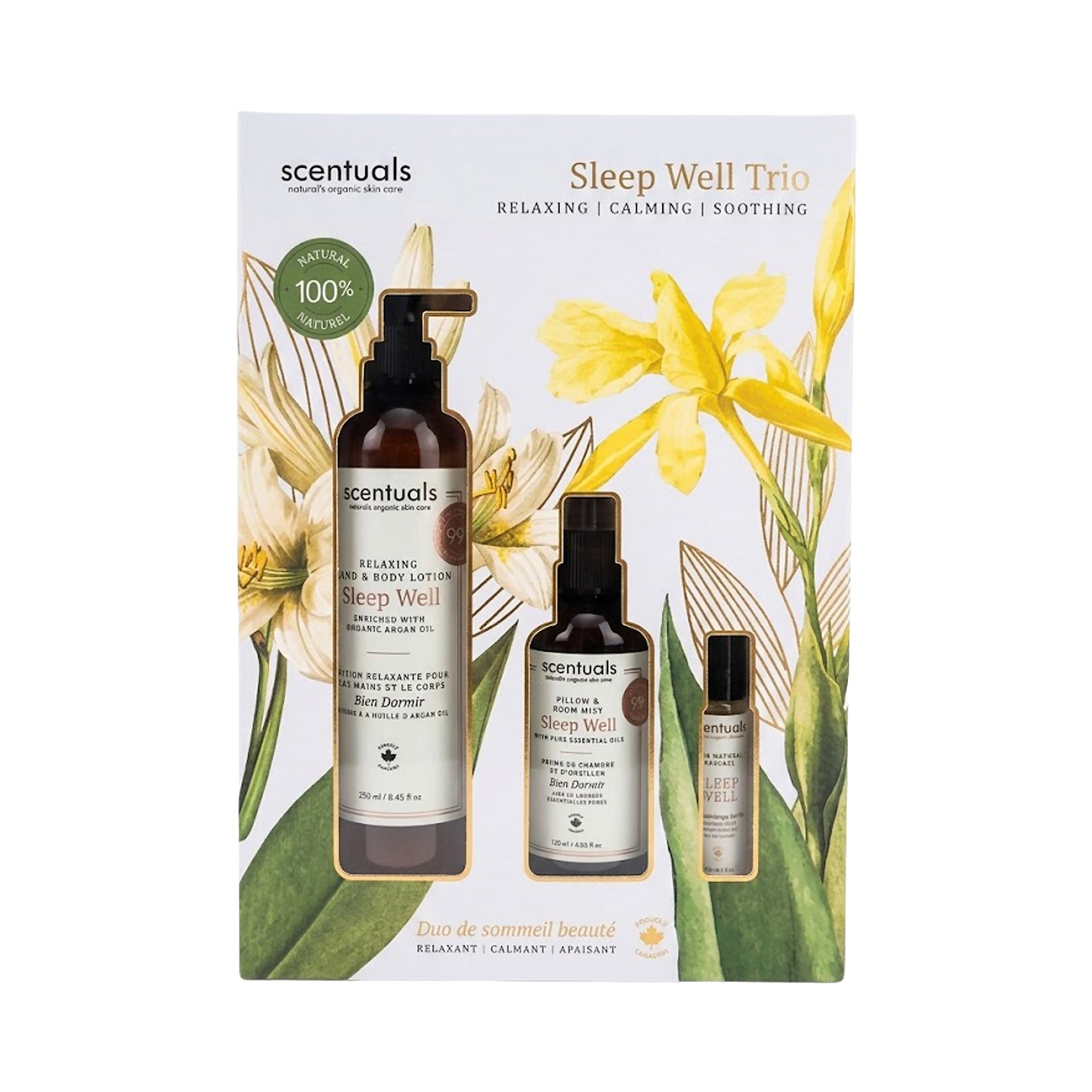 Scentuals Sleep Well Trio packaging with Sleep Well Lotion, mist, and roll-on.