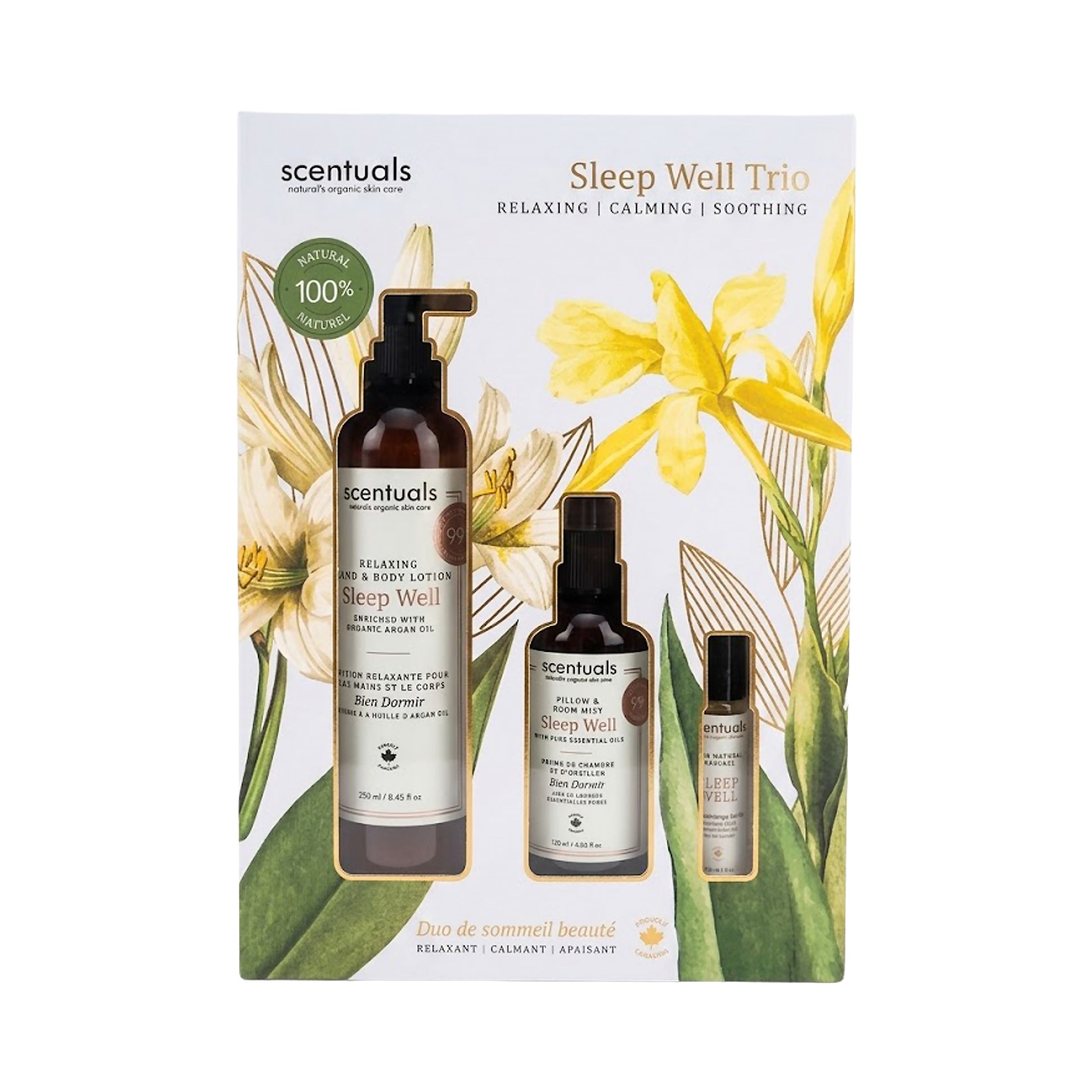 Scentuals Sleep Well Trio packaging with Sleep Well Lotion, mist, and roll-on.