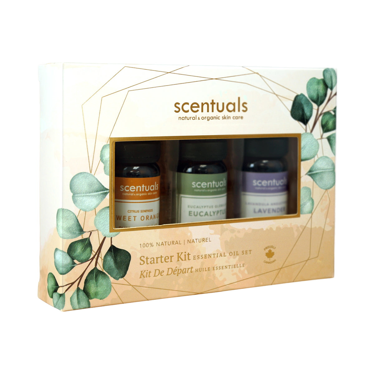 Scentuals starter kit with essential oils in the scents sweet orange, eucalyptus, and lavender.