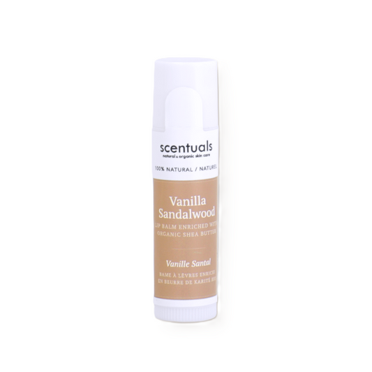 Scentuals vanilla sandalwood lip balm with organic shea butter.