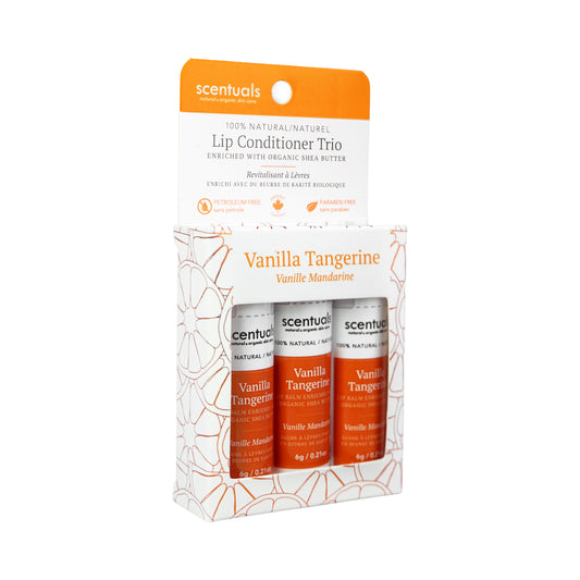 Scentuals Vanilla Tangerine lip conditioner trio enriched with organic shea butter.