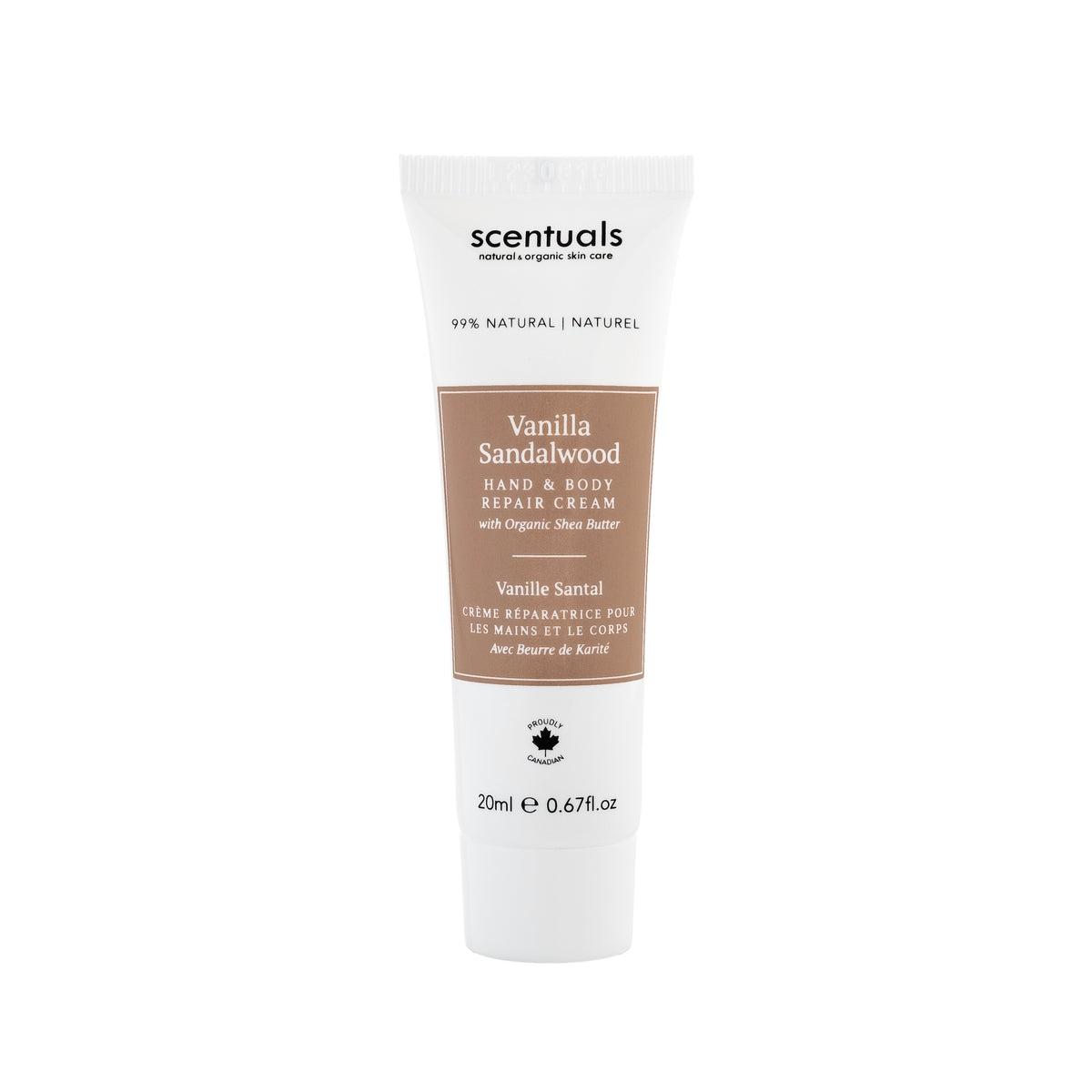 Scentuals Vanilla Sandalwood hand and body repair cream with organic shea butter, 20ml in size.